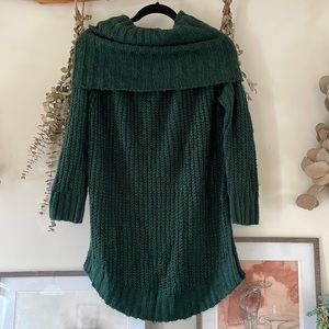 Green cable knit cowl neck dress